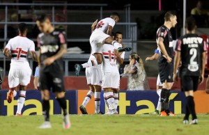 xxx of Sao Paulo fights for the ball with xxx of Atletico during the match between Sao Paulo and Atletico MG for the Brazilian Series A 2015 at Estadio do Morumbi on November 19, 2015 in Sao Paulo, Brazil.